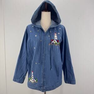 VTG Quacker Factory Embroidered Denim Lighthouse Zip Hoodie Sweater Nautical M